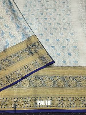 Light blue pure silk printed zari work saree with blouse 3