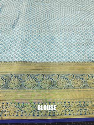 Light blue pure silk printed zari work saree with blouse 4