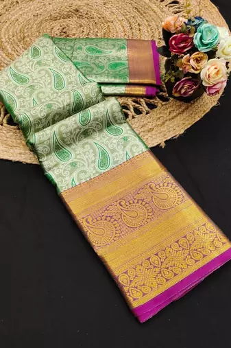 Green pure silk printed zari work saree with blouse