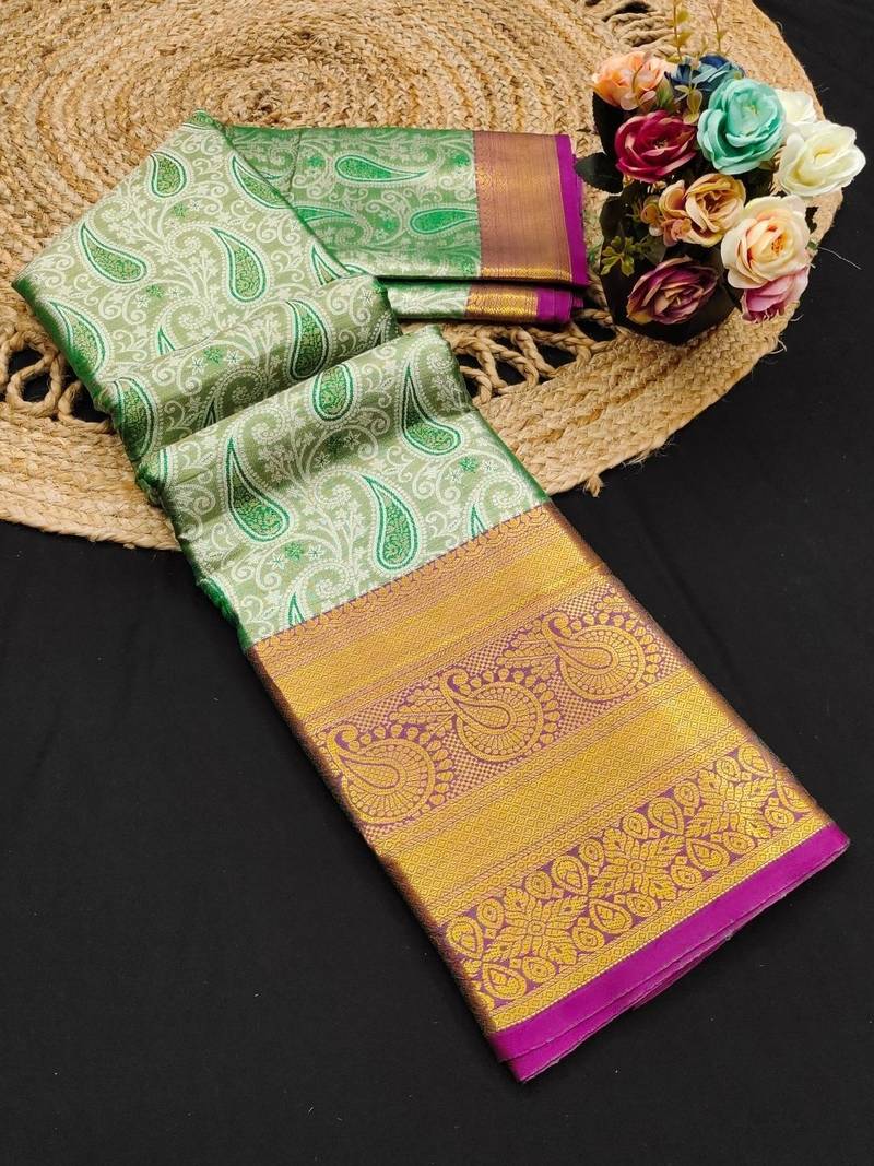 Green pure silk printed zari work saree with blouse