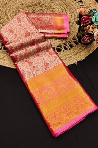 Orange pure silk printed zari work saree with blouse