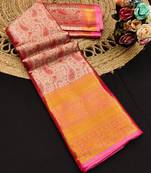 Orange pure silk printed zari work saree with blouse