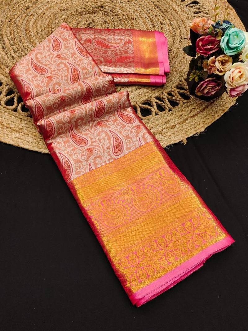 Orange pure silk printed zari work saree with blouse