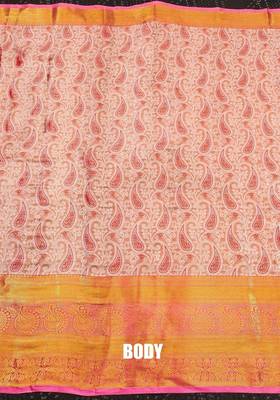 Orange pure silk printed zari work saree with blouse 2