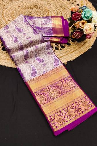 Purple pure silk printed zari work saree with blouse