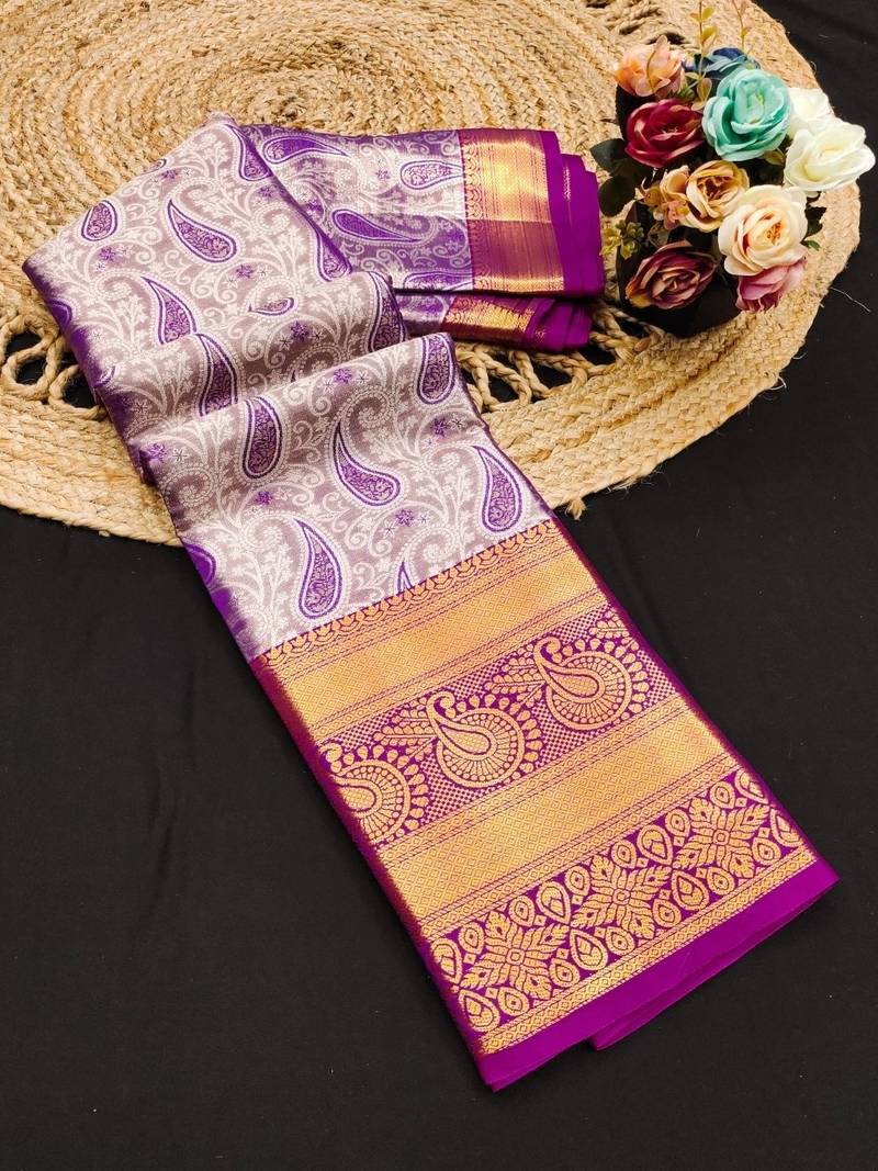 Purple pure silk printed zari work saree with blouse