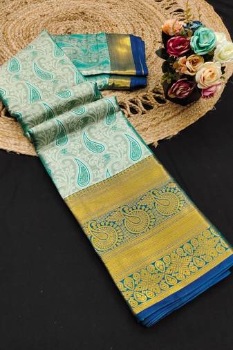 Dark green pure silk printed zari work saree with blouse