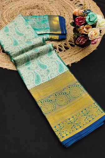 Dark green pure silk printed zari work saree with blouse