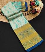 Dark green pure silk printed zari work saree with blouse