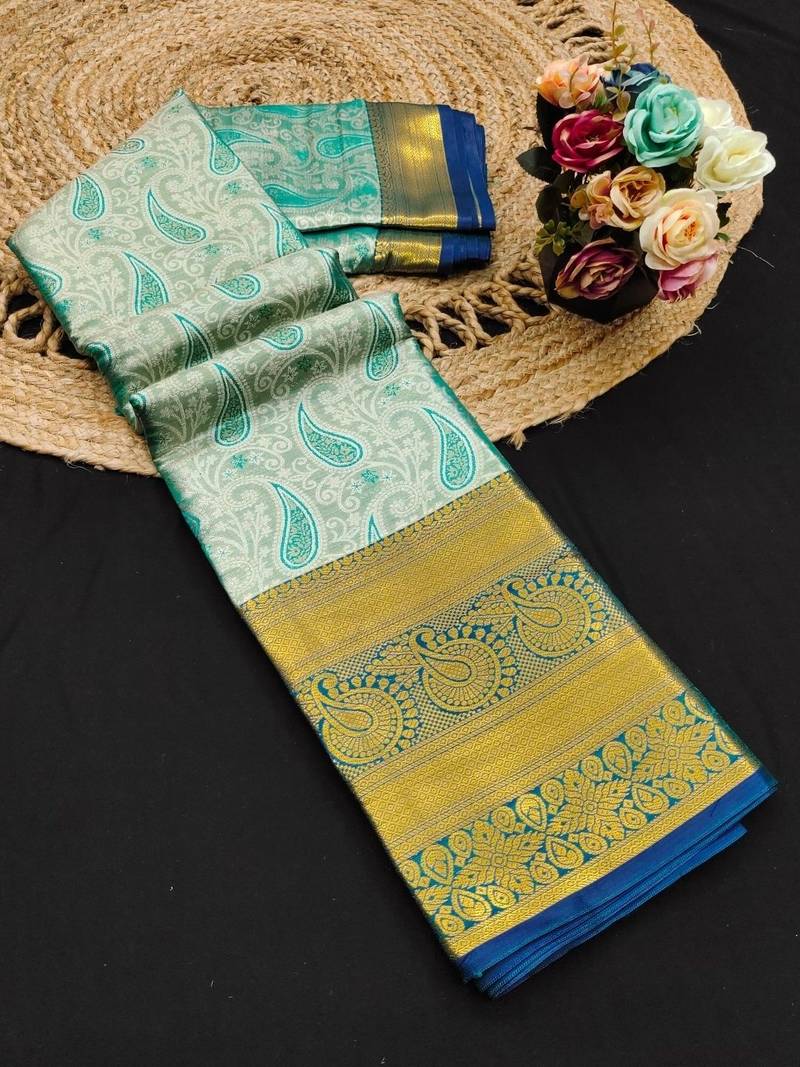 Dark green pure silk printed zari work saree with blouse