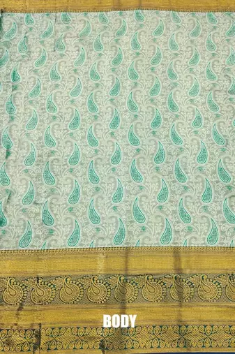 Dark green pure silk printed zari work saree with blouse