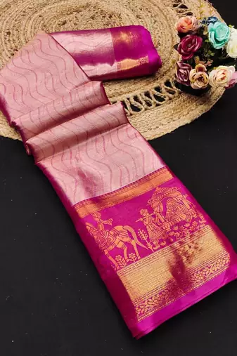 Pink pure silk printed zari work saree with blouse