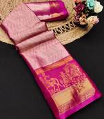 Pink pure silk printed zari work saree with blouse