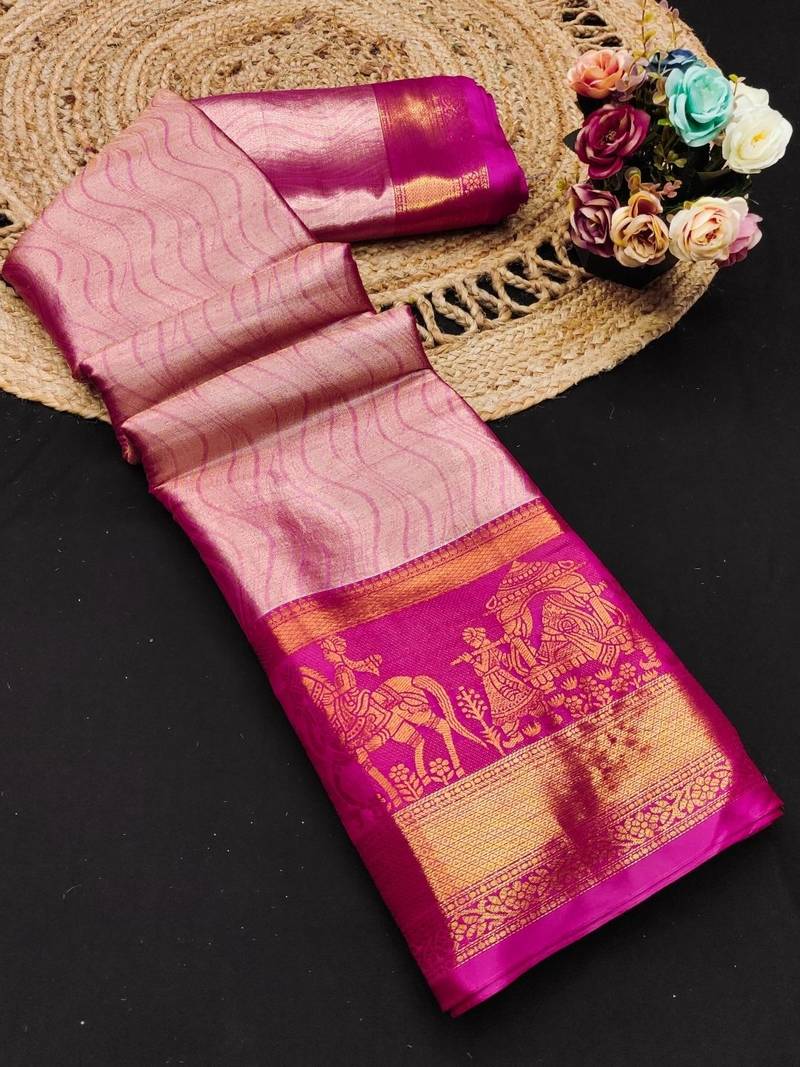 Pink pure silk printed zari work saree with blouse
