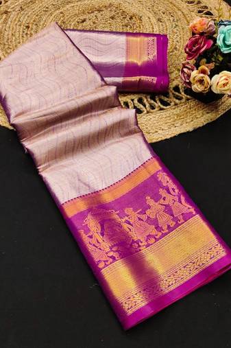 Purple pure silk printed zari work saree with blouse