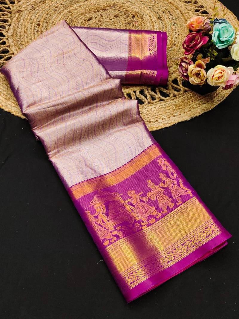 Purple pure silk printed zari work saree with blouse