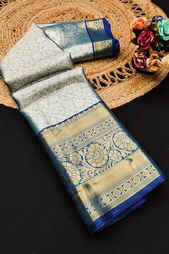Blue pure silk printed zari work saree with blouse