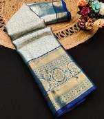 Blue pure silk printed zari work saree with blouse
