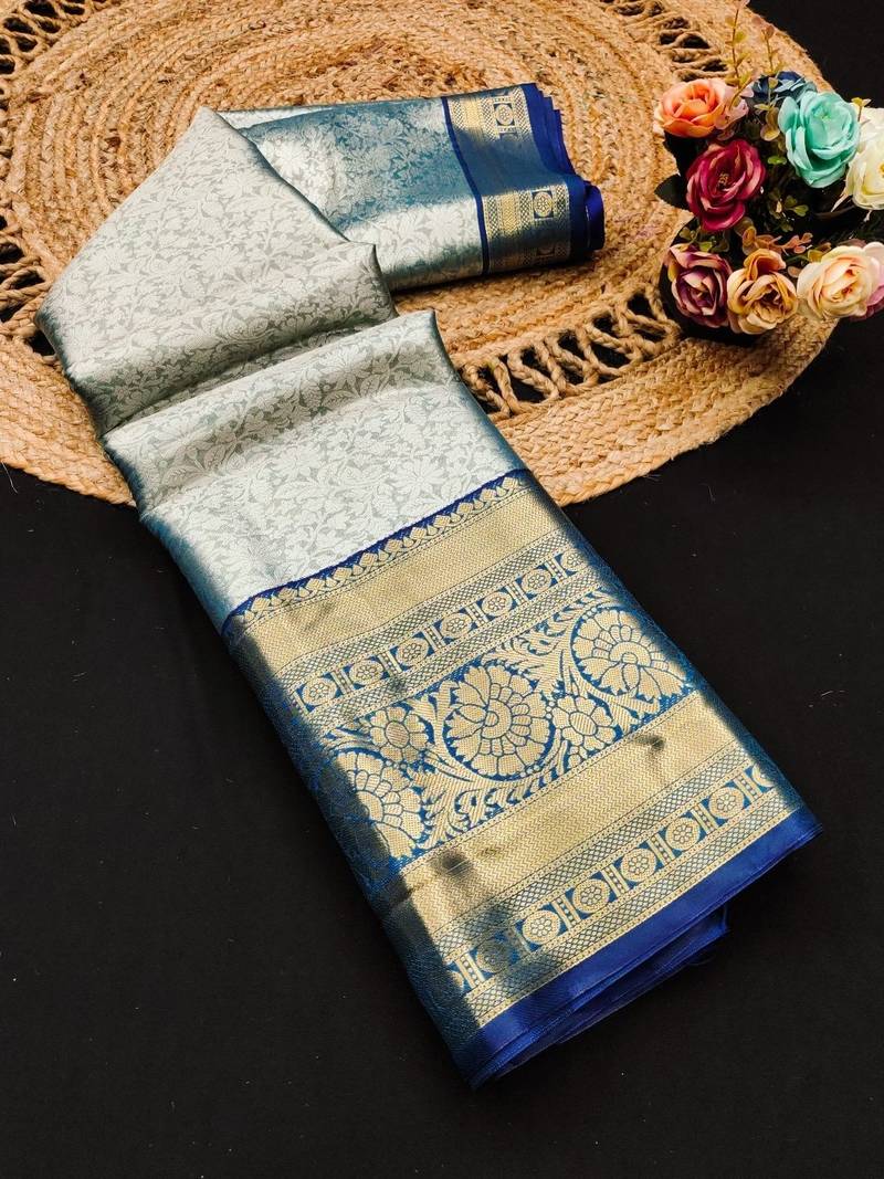 Blue pure silk printed zari work saree with blouse