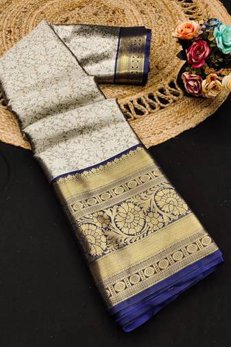Grey pure silk printed zari work saree with blouse
