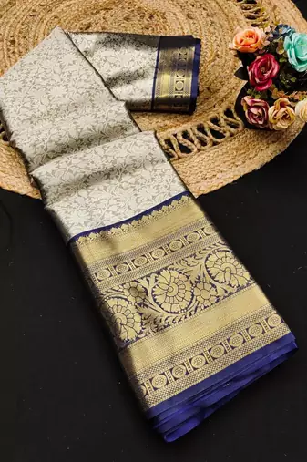 Grey pure silk printed zari work saree with blouse