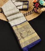 Grey pure silk printed zari work saree with blouse