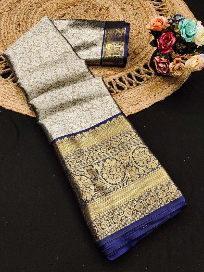 Grey pure silk printed zari work saree with blouse