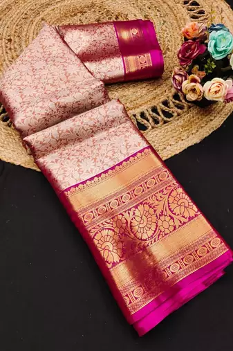 Orange pure silk printed zari work saree with blouse