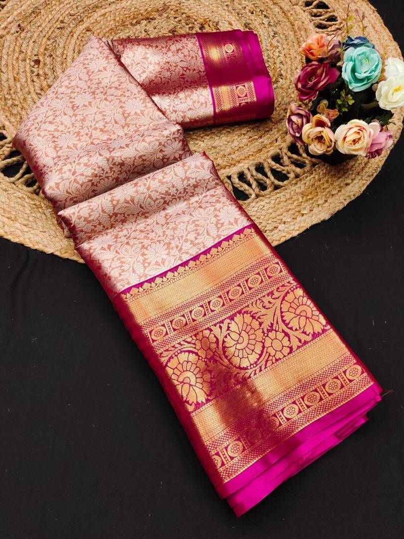 Orange pure silk printed zari work saree with blouse