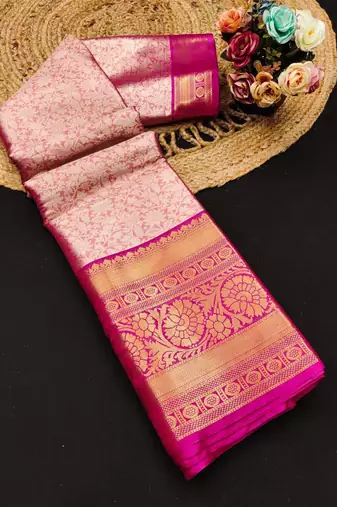 Pink pure silk printed zari work saree with blouse