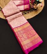 Pink pure silk printed zari work saree with blouse
