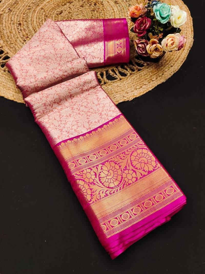 Pink pure silk printed zari work saree with blouse