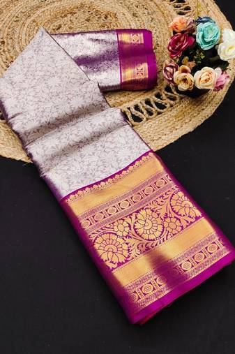 Purple pure silk printed zari work saree with blouse