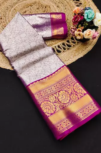 Purple pure silk printed zari work saree with blouse