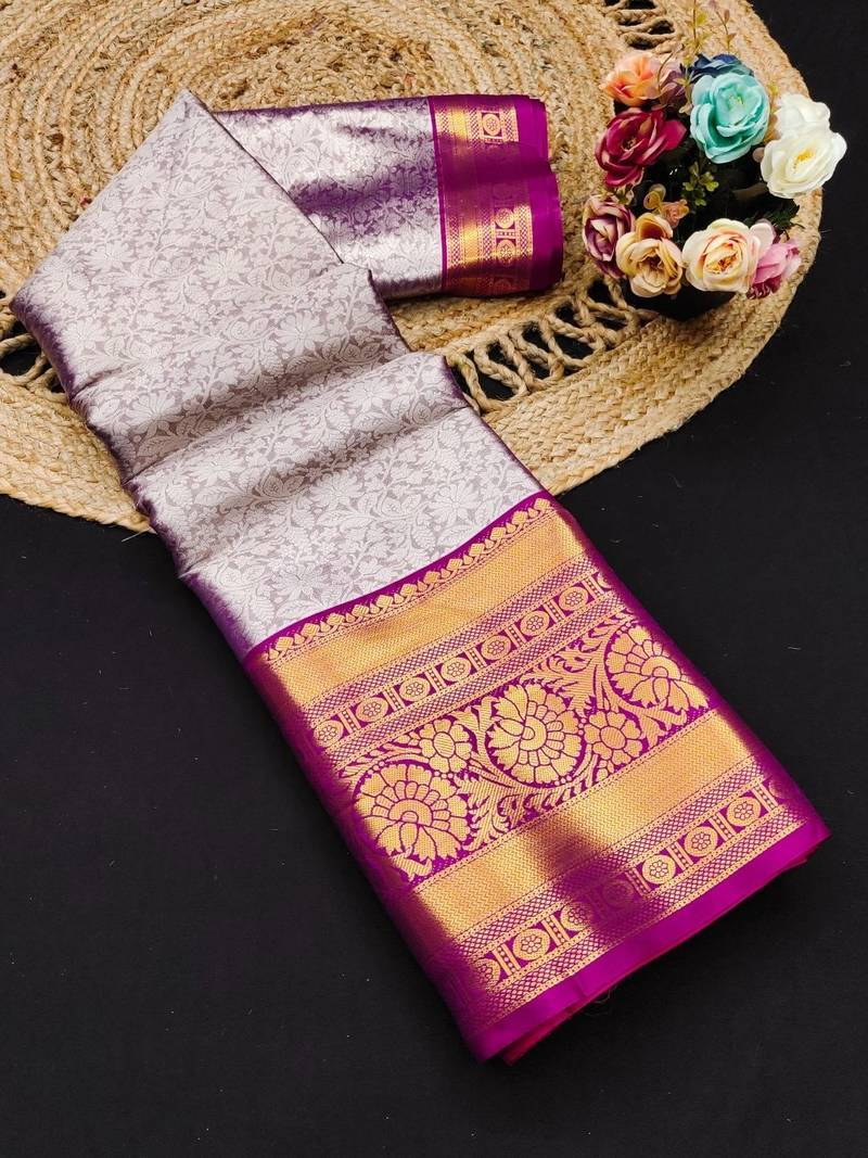 Purple pure silk printed zari work saree with blouse