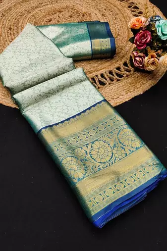 Dark green pure silk printed zari work saree with blouse