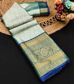 Dark green pure silk printed zari work saree with blouse