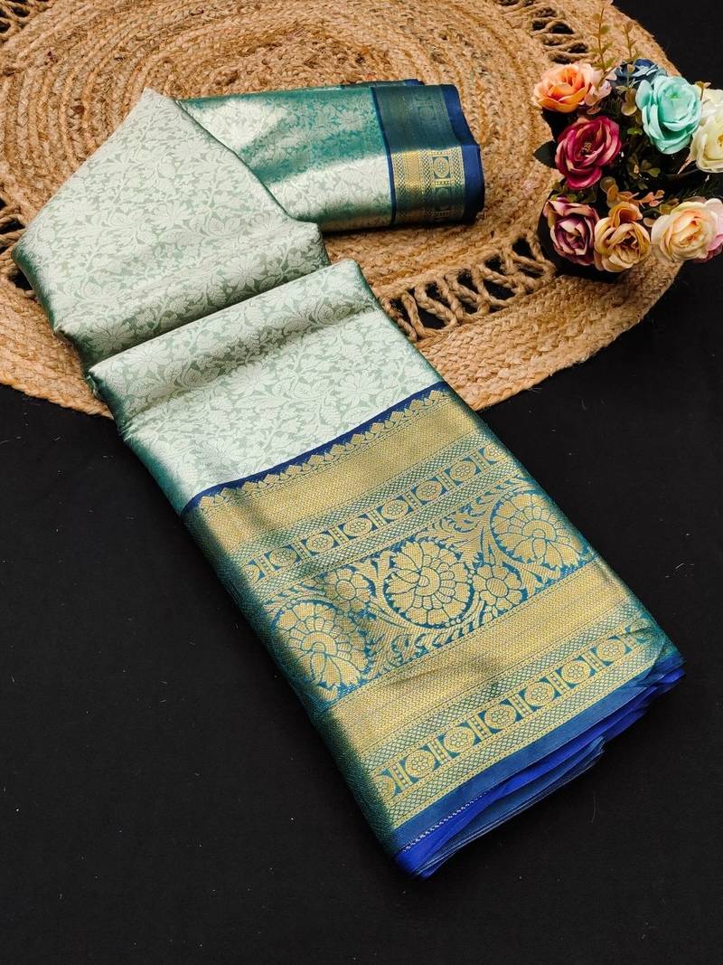 Dark green pure silk printed zari work saree with blouse