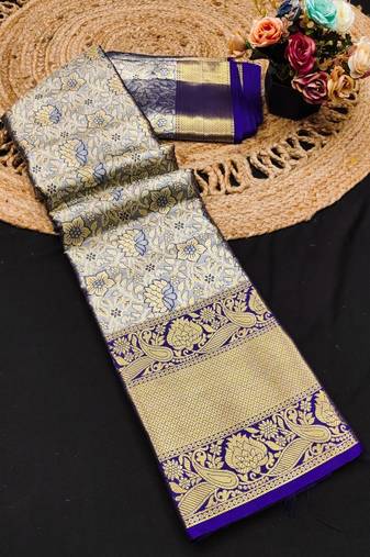 Dark blue pure silk printed zari work saree with blouse