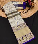 Dark blue pure silk printed zari work saree with blouse