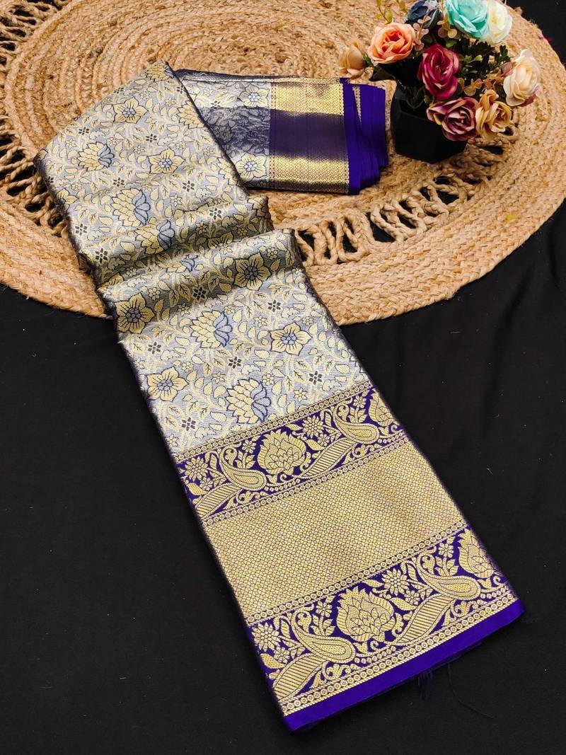 Dark blue pure silk printed zari work saree with blouse
