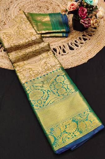 Dark green jacquard woven zari work saree with blouse