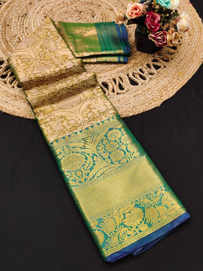 Dark green jacquard woven zari work saree with blouse