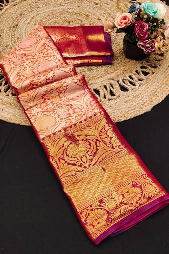 Orange jacquard woven zari work saree with blouse