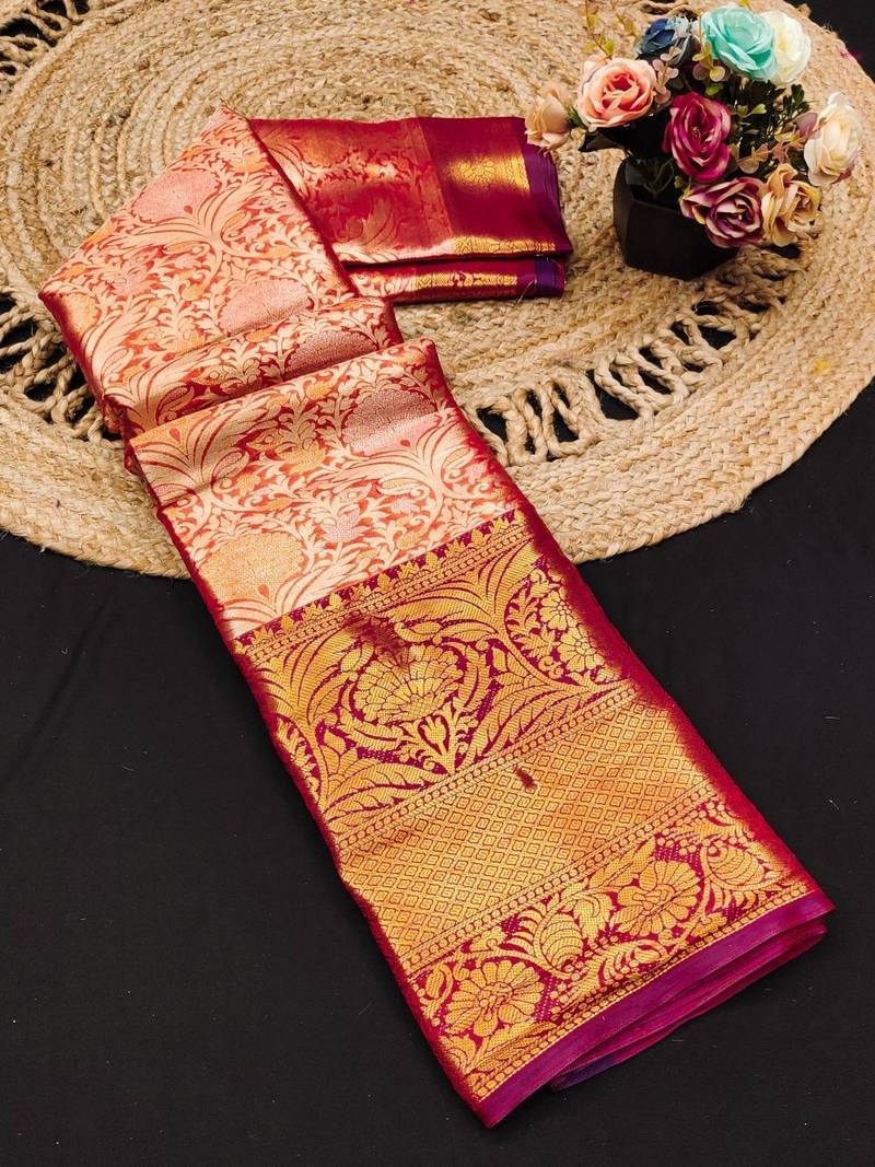 Orange jacquard woven zari work saree with blouse
