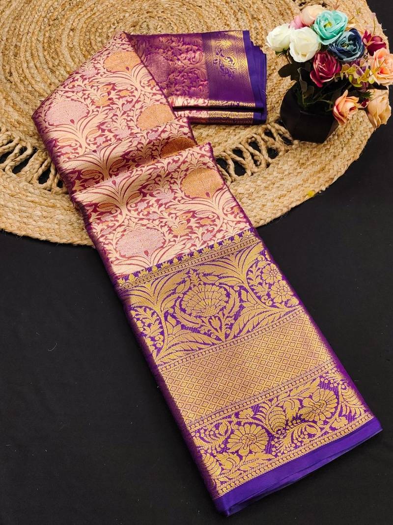 Purple jacquard woven zari work saree with blouse