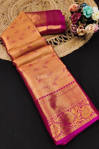 Pink pure silk printed zari work saree with blouse