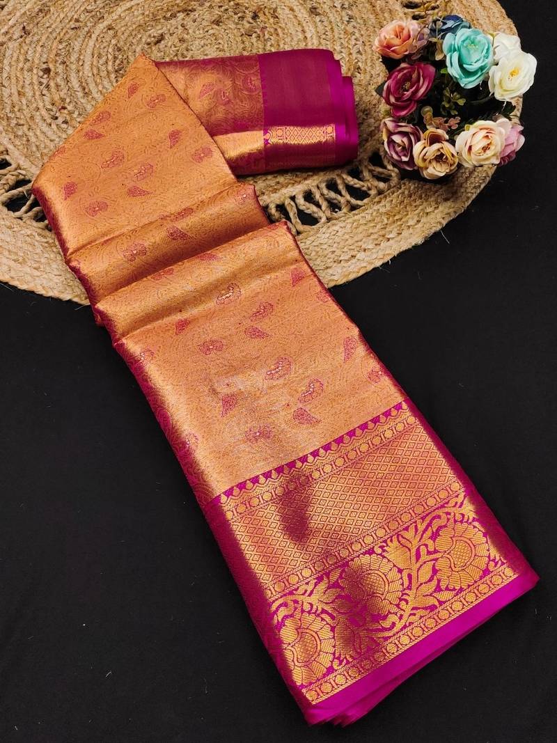 Pink pure silk printed zari work saree with blouse