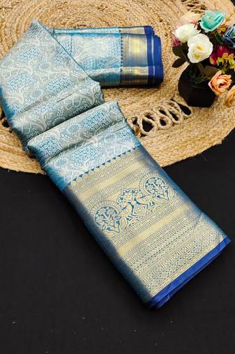 Light blue pure silk printed zari work saree with blouse