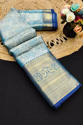 Light blue pure silk printed zari work saree with blouse